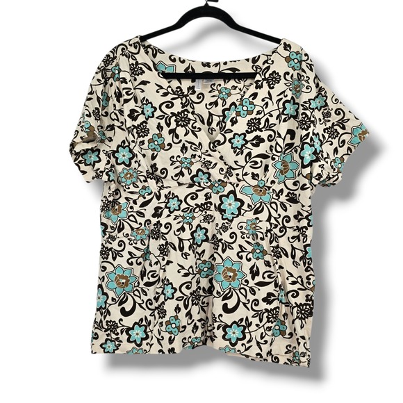 Nick & Sarah Tops - Nick & Sarah Woman Floral Surplice V-Neck Empire Waist Top Cream Turquoise 3X